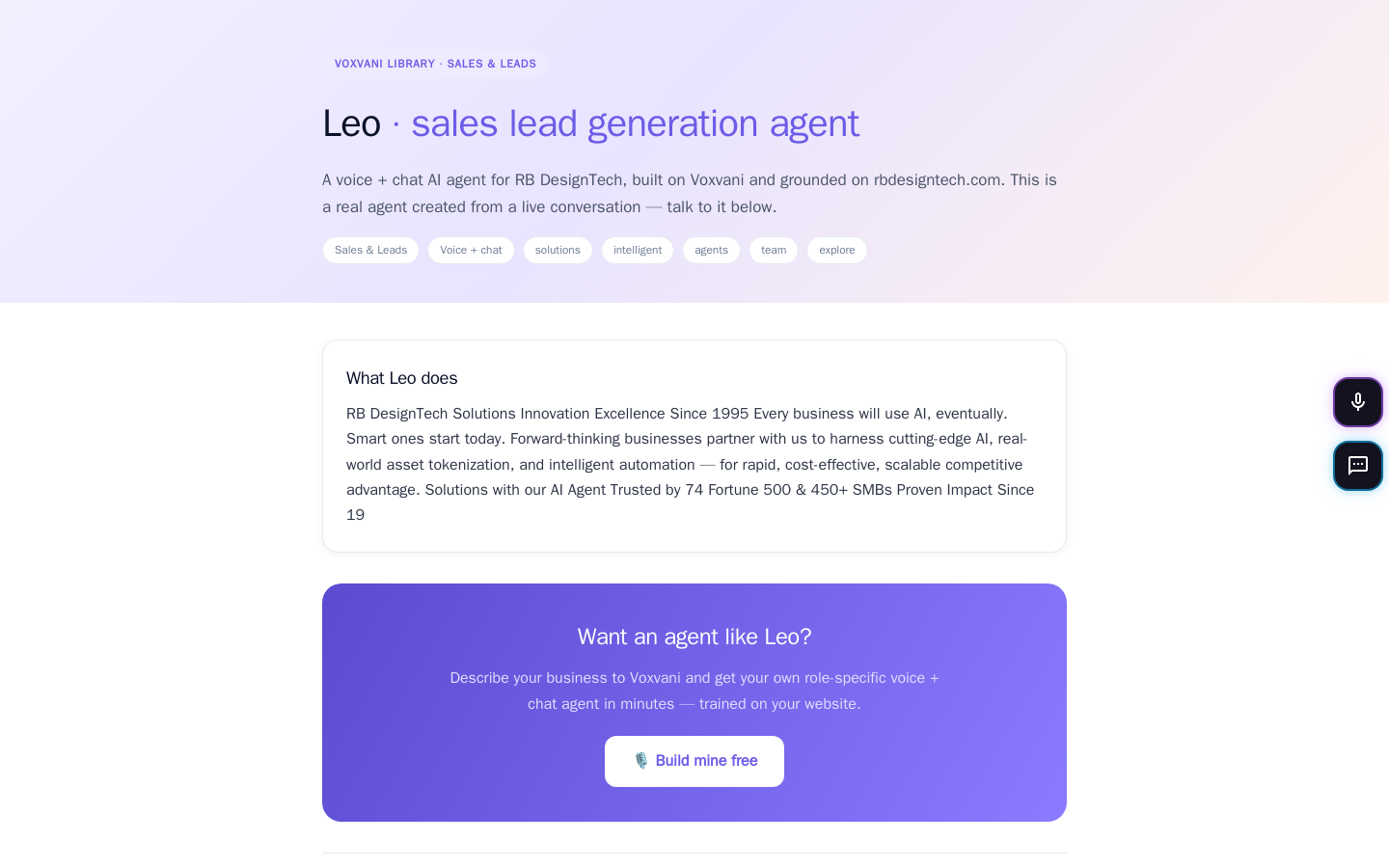 A published Voxvani agent page with its role, description and an embedded live voice and chat widget.