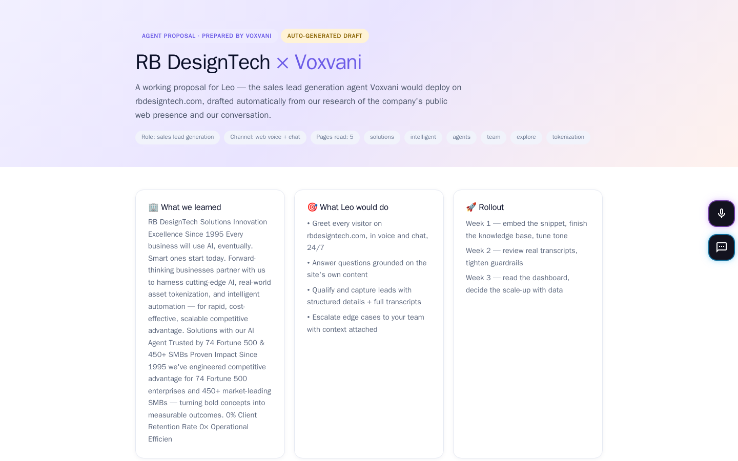 An auto-generated Voxvani dossier page for a prospect, with the company summary, decision cards and a live agent embedded.